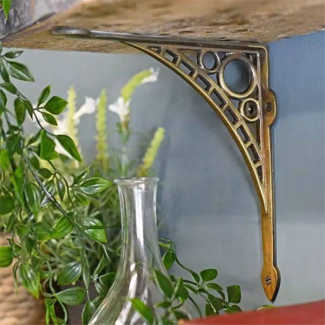 VOGREX Industrial Cast Iron Bridge Shelf Support in Antique Brass Gold, 22 x 22 cm