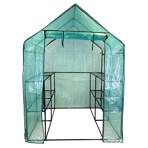 AMOS 3-Tier Portable Outdoor Garden Greenhouse in Green with 8 Shelves and Removable Waterproof PE Cover, H x W x D: 195 x 143 x 143 cm – 4