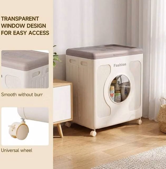 NESTLUNE Large 160L Foldable Plastic Clothes Storage Box with Lid and Wheels, Beige