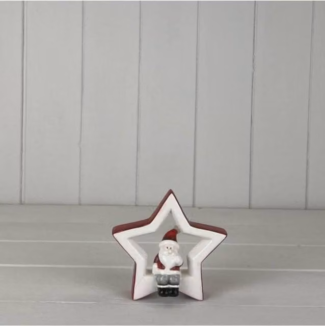 KDMD Small White Ceramic Sitting Santa and Star Christmas Tabletop Figure