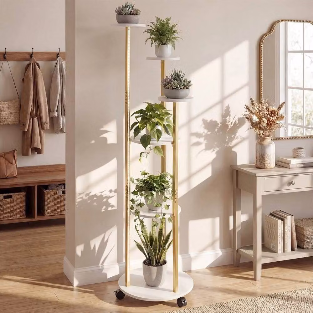 SPETLEK 6-Tier Rolling Round Metal Plant Stand with 16-Colour LED Lights, White – 3