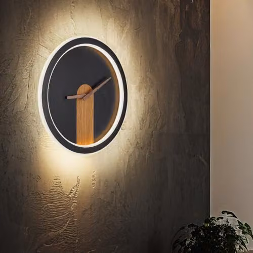 Globo Lighting Sussy LED Wall Clock Lamp in Matt Black and Wood, Warm White 3000K, D 31 cm – 3