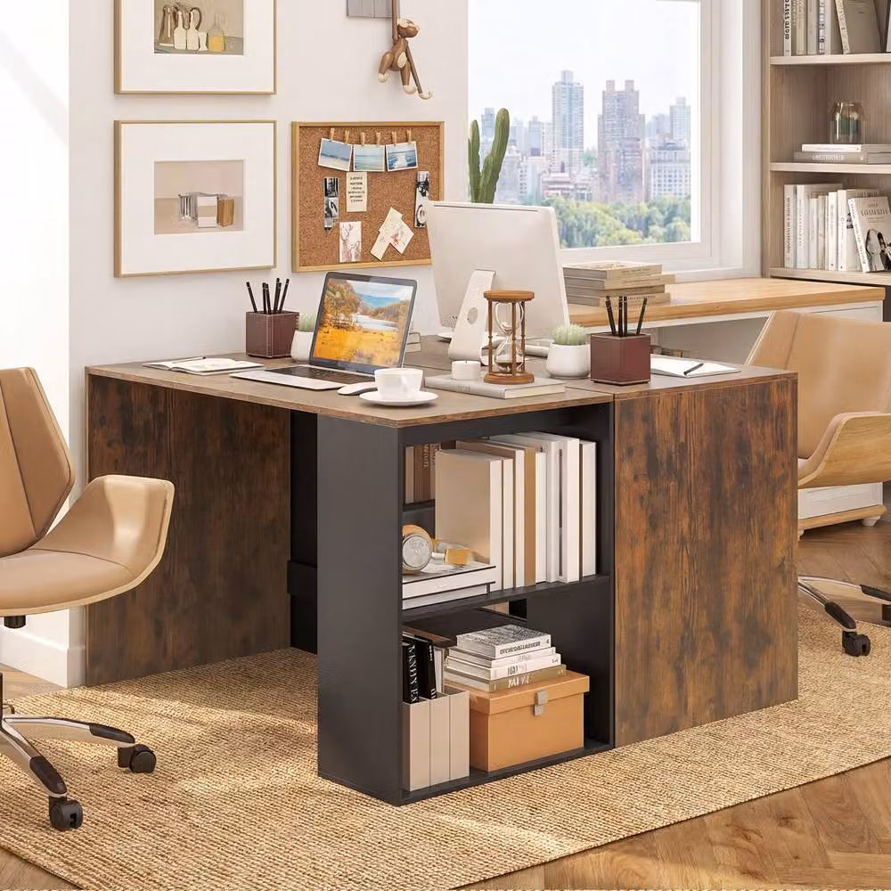 Gymax Wooden Writing Desk with Two Open Shelves and Legroom in Brown – 4