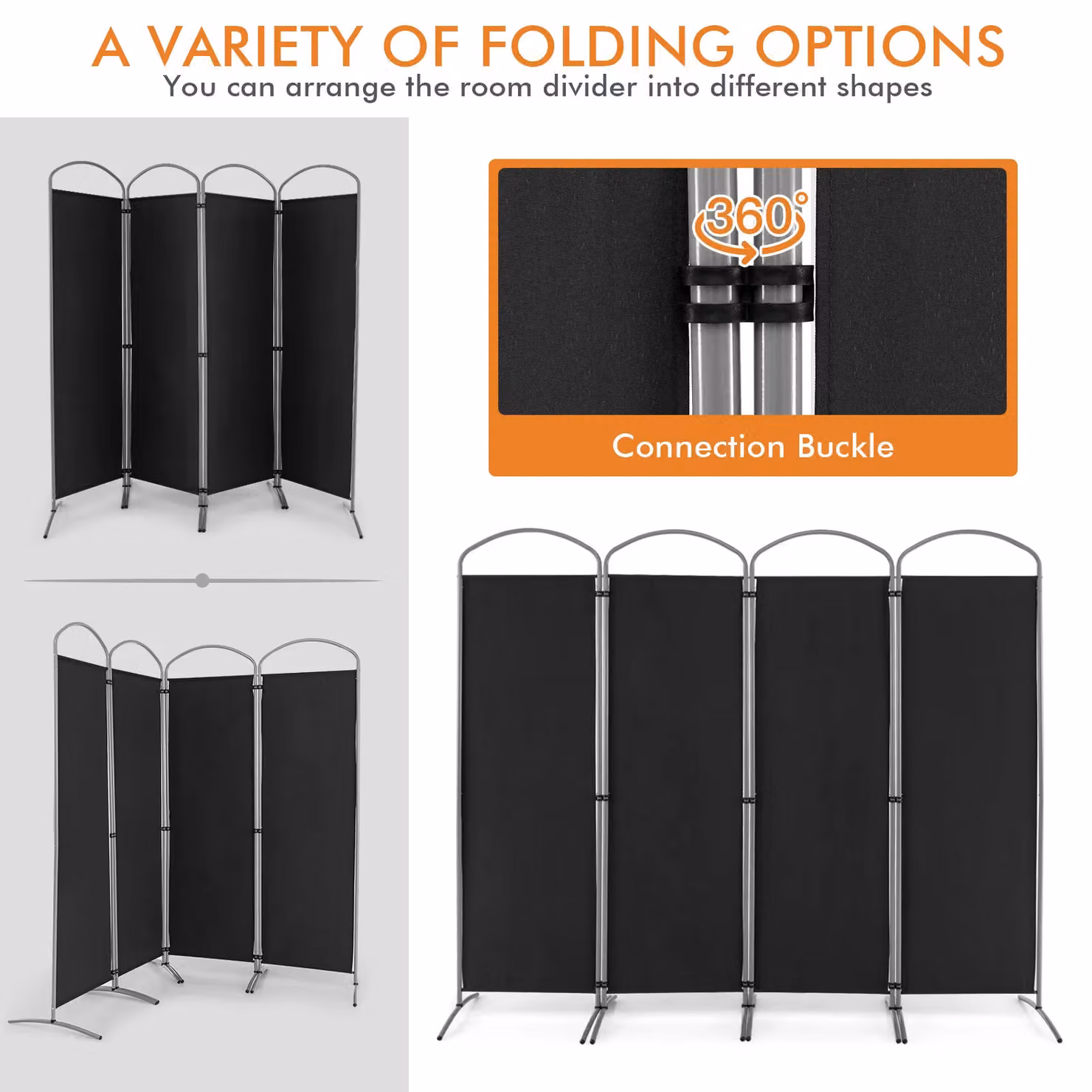 Costway 4 Panel Folding Privacy Screen Room Divider in Black, Height: 188 cm – 4
