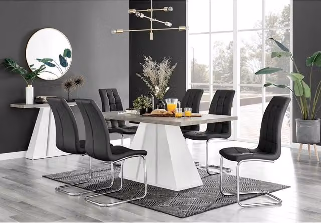 FurnitureboxUK Athens Grey Concrete Rectangular Kitchen Dining Table and 6 Murano Chairs in Black