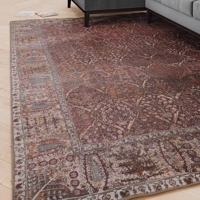 Kukoon Burgundy Distressed Soft Pile Area Rug in Plum, W: 80 cm, L: 300 cm