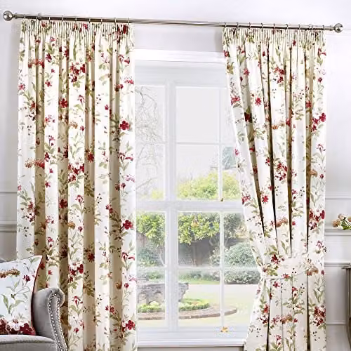 Fusion Jeannie Red Floral Cotton Pencil Pleat Curtains, W: 168 cm, H: 137 cm