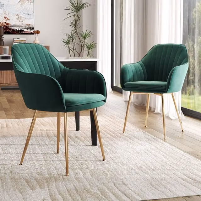 Livingandhome Set of 2 Modern Green Velvet Upholstered Dining Chairs with Gold Metal Legs and Armrests