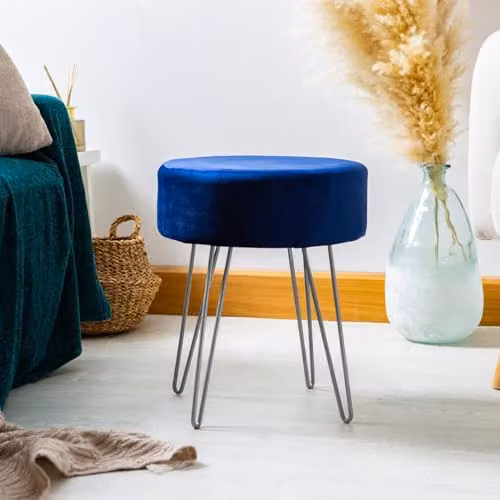 Harbour Housewares Round Velvet Footstool in Blue with Silver Legs, H41 x D45 cm – 2