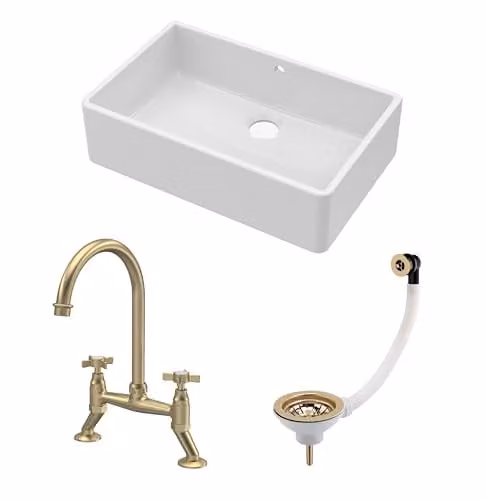 Balterley White Ceramic Butler Sink with Bridge Crosshead Mixer Tap and Waste, Single Bowl Apron Front Design in White and Brushed Brass