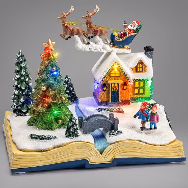 Christow Christmas Village Scene Decoration with Musical LED Santa Reindeer and Caravan in Multicolour, W/D/H: 16.0 x 21.0 x 14.0 cm