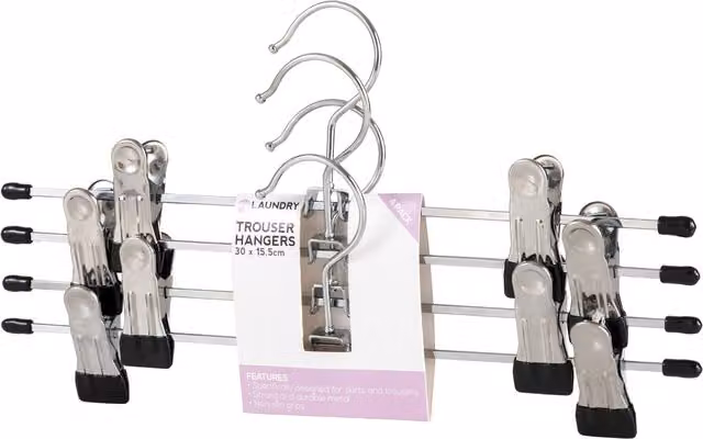 My Laundry Pack of 4 Silver Metal Space Saving Trouser Hangers with Clips