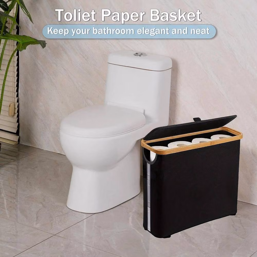Kelvenix Waterproof Bamboo Toilet Paper Storage Basket with Lid, Black, H 45.0 cm x W 35.0 cm – 3