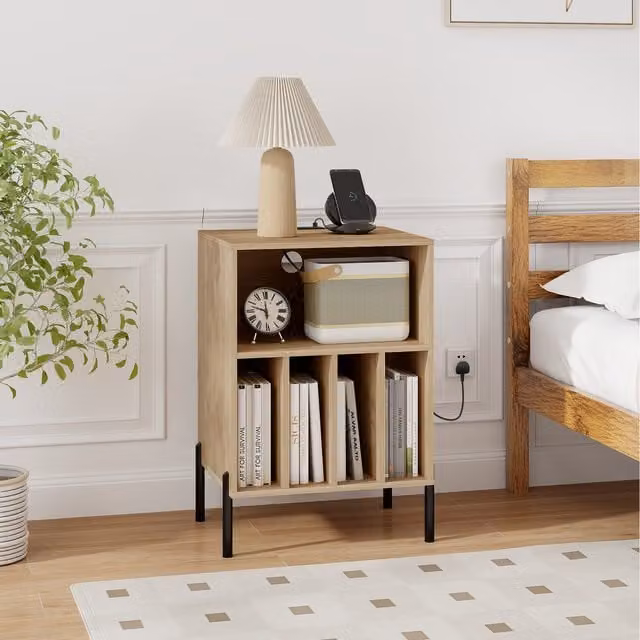 COSTWAY Modern Freestanding Vinyl Record Holder in Brown with Back Panel