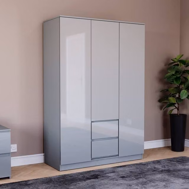 HD Designs Glinton High Gloss 3 Door 2 Drawer Wardrobe in Grey – 1