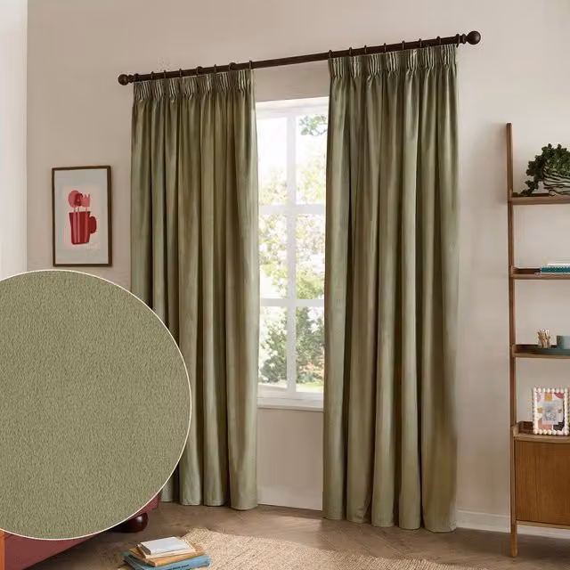Furn Green Velvet 100% Blackout Pencil Pleat Curtain Pair, Thermal Insulating, Width: 229 cm, Drop: 183 cm – 1