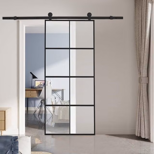 Livingandhome Black Industrial Sliding Barn Door with Frosted Glass and Aluminium Hardware Kit