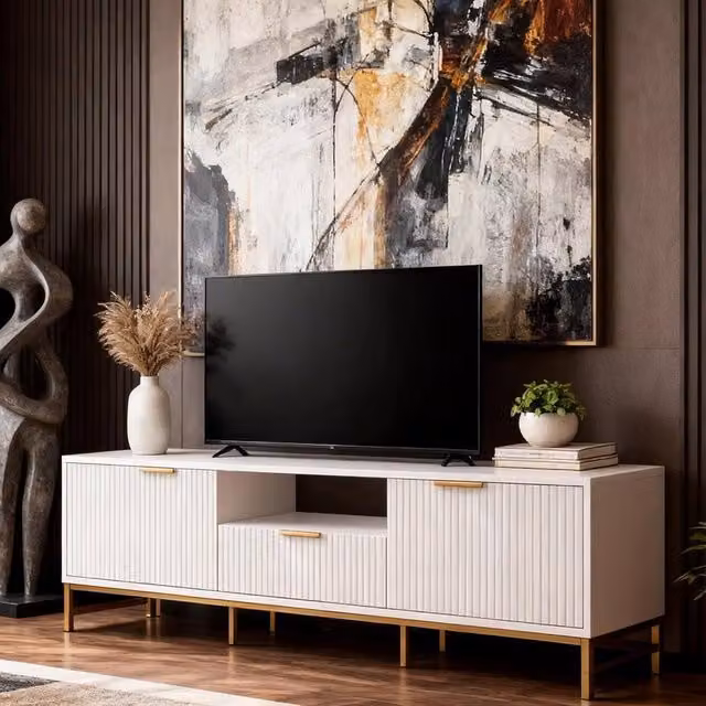 FURNITURE ONE White TV Cabinet with 1 Drawer, 2 Doors and Open Shelf in Natural White and Gold, W: 154 cm, H: 56 cm, D: 39 cm