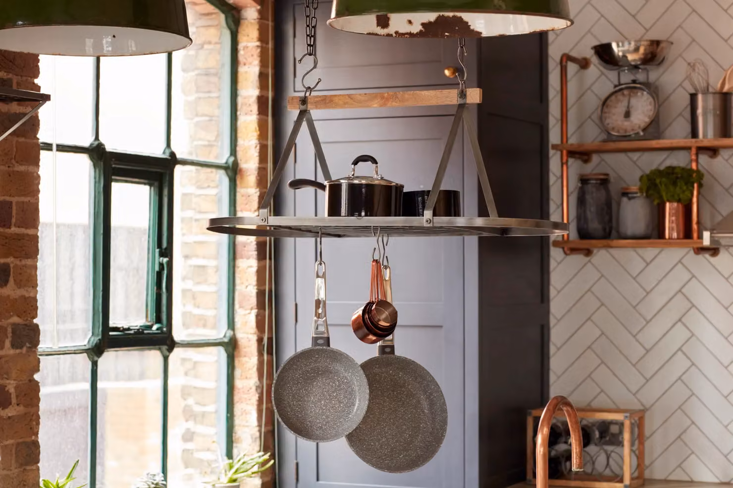 Industrial Kitchen Vintage-Style Ceiling Hanging Pot and Pan Rack with Mango Wood Shelf in Silver – 3