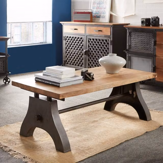 IH Design IN Industrial Rectangular Live Edge Coffee Table in Brown Wood and Metal