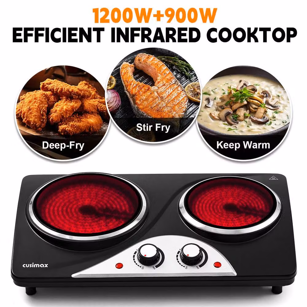 Cusimax 2100W Double Burner Electric Hot Plate with Cast Radiant Ceramic Elements in Black – 8