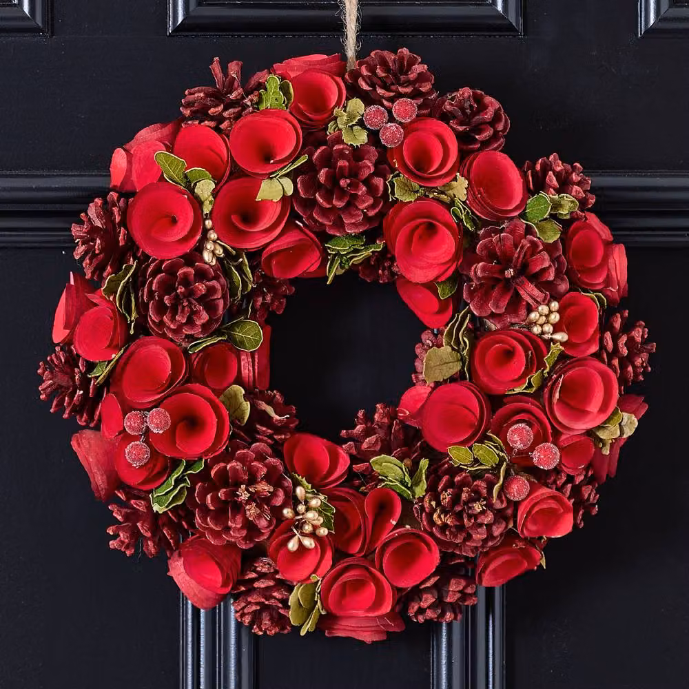 Dibor Red Crimson Rose Christmas Wreath with Deer Hanger, Diameter: 35 cm – 2