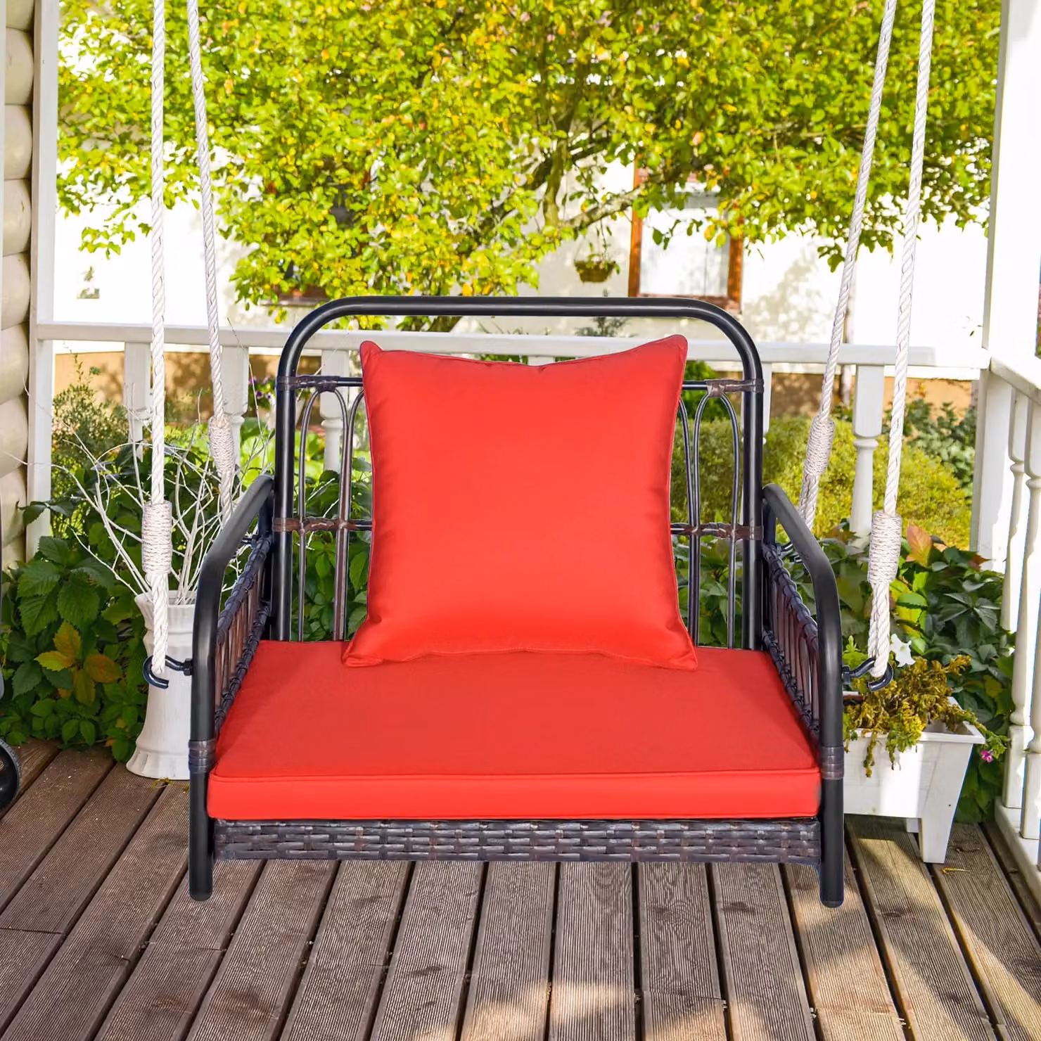 Costway Red Rattan Woven Hanging Porch Swing Rocking Chair with Cushion and Rope – 6
