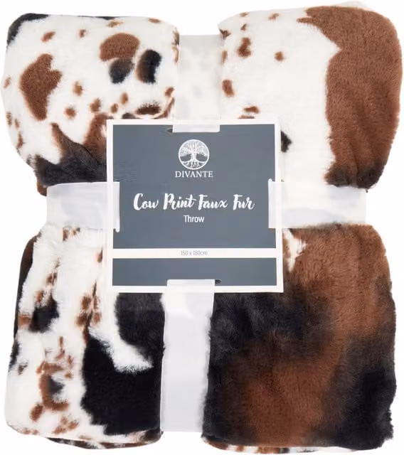 Divante Cow Print Faux Fur Throw in White and Multicolour
