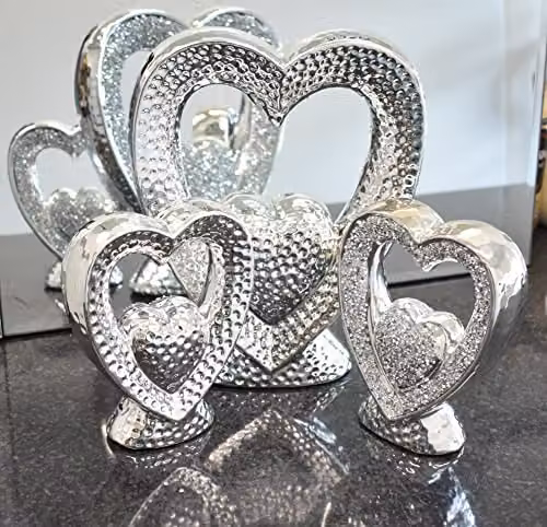 DEENZ Set of 3 Silver Heart Crushed Diamond Sparkle Ornaments – 2