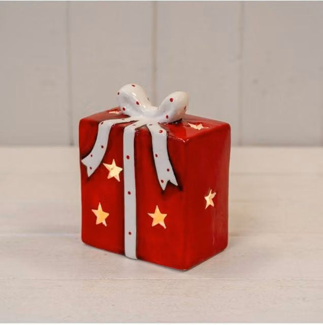 KDMD Red and White Ceramic Christmas Tabletop Present with LED
