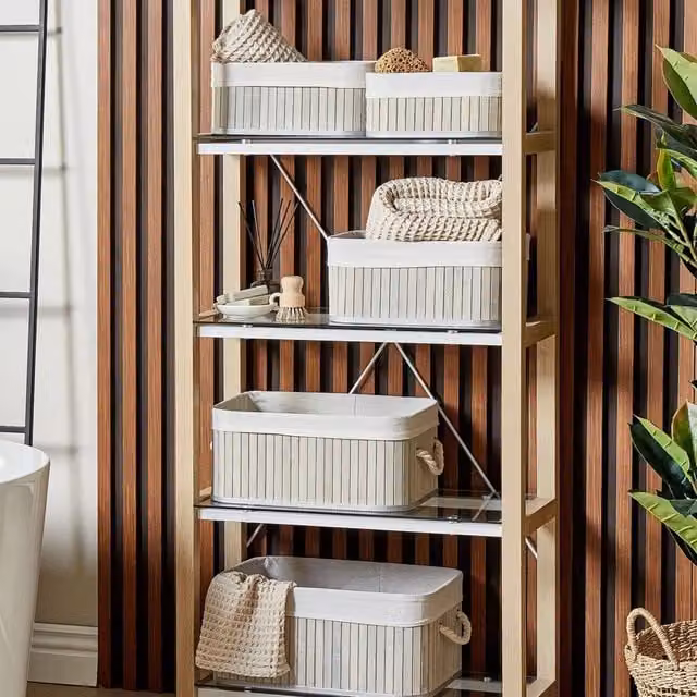 Wyld and Coco 5 Piece Grey Bamboo and Fabric Nesting Storage Baskets Set with Handles