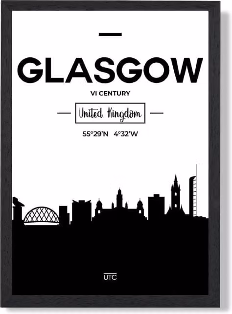 ARTZE Glasgow Black and White City Skyline Framed Print in Black Frame
