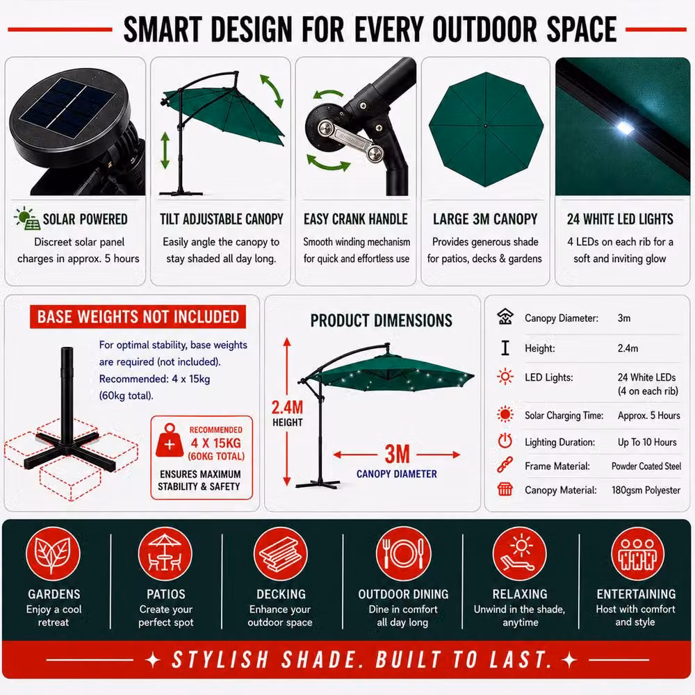Samuel Alexander 3m Solar Powered Cantilever Banana Garden Parasol with White LED Lights in Green – 6