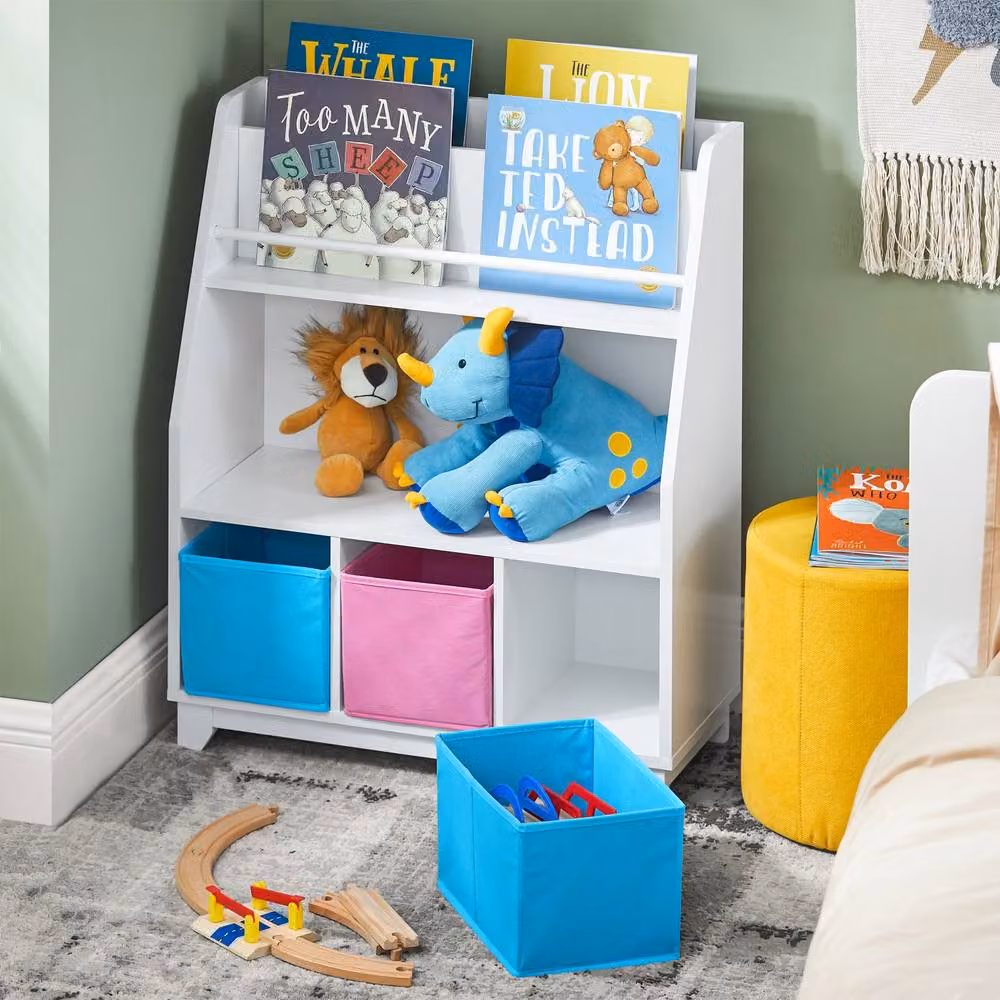 SoBuy Kids Bookcase with 3 Fabric Baskets in White and Grey – 5