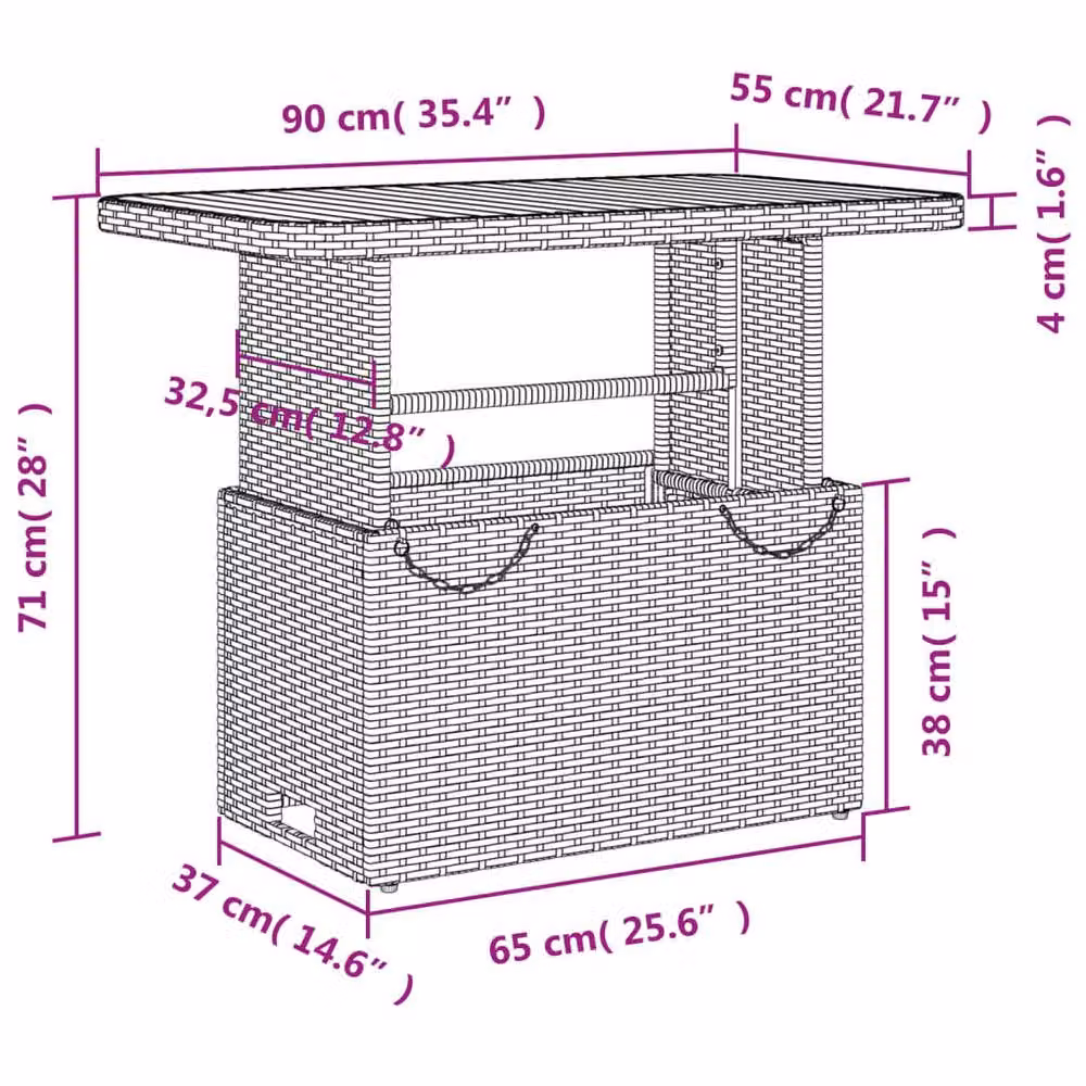 Berkfield Home Black Poly Rattan and Acacia Wood Rectangular Garden Table, W: 90 cm, D: 55 cm, H: 71 cm – 7