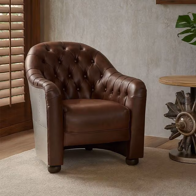 Orsina Classic Leather Armchair with Buttoned Back and Black Walnut Feet in Brown – 2