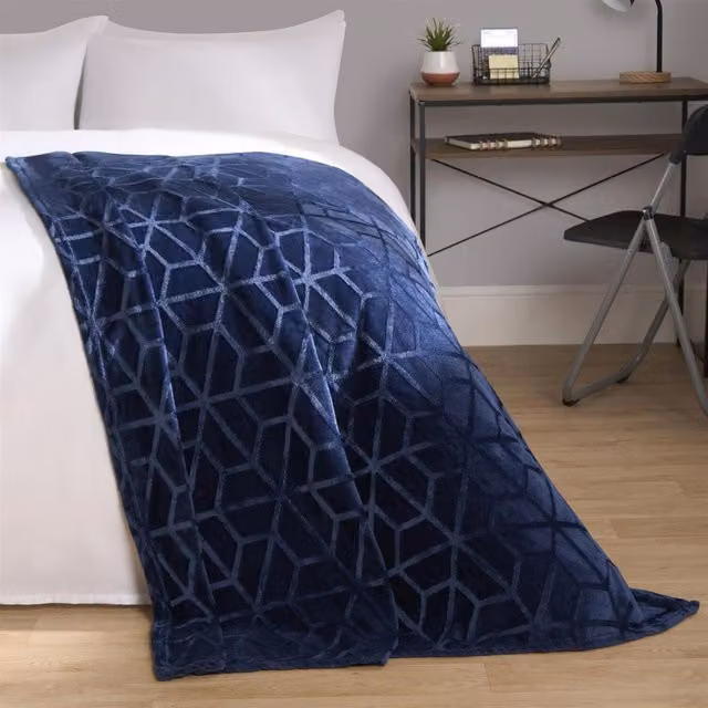 OHS Geo Embossed Flannel Fleece Throw in Navy Blue