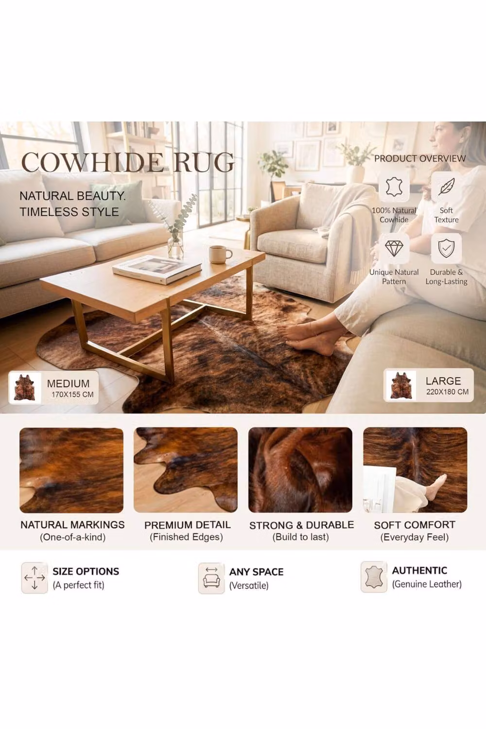 Infinity Leather Natural Cowhide Hairon Rug in Brindle Tan, Brown and Beige, W: 180 cm, D: 220 cm – 3