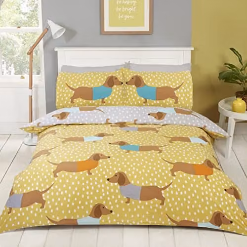 Rapport Home Dolly Dachshund Reversible Duvet Cover and Pillowcase Set, Yellow and Grey, Duvet Cover: 200 x 200 cm, Pillowcase: 50 x 75 cm