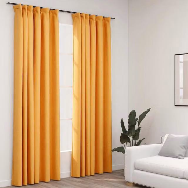 Berkfield Home Linen-Look Blackout Curtains with Hooks, 2 Pack, Yellow, W: 140 cm, H: 245 cm