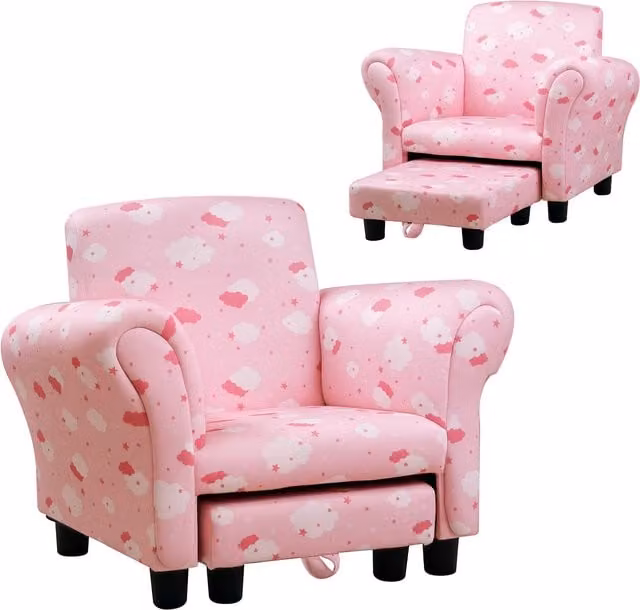 HOMCOM Kids Cloud Mini Sofa Armchair with Footrest and Wood Frame, Pink and White – 1