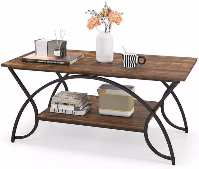 Costway Modern 2-Tier Rectangular Wood Coffee Table in Brown