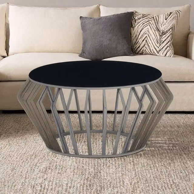 Orsina Modern Round Black and Silver Coffee Table with Glass Top – 2
