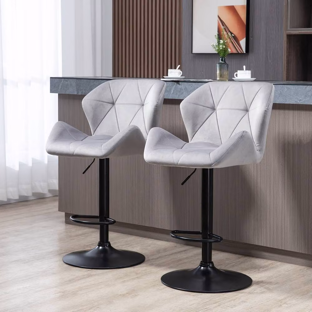 STILVORA Set of 2 Adjustable Height Swivel Bar Stools in Grey Fabric and Metal – 2