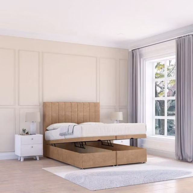Sloomy Kansas Naples Single Fabric Ottoman Bed in Light Sand with Hybrid Memory Mattress and 26 Inch Strut Headboard, W/D/H: 90 x 200 cm