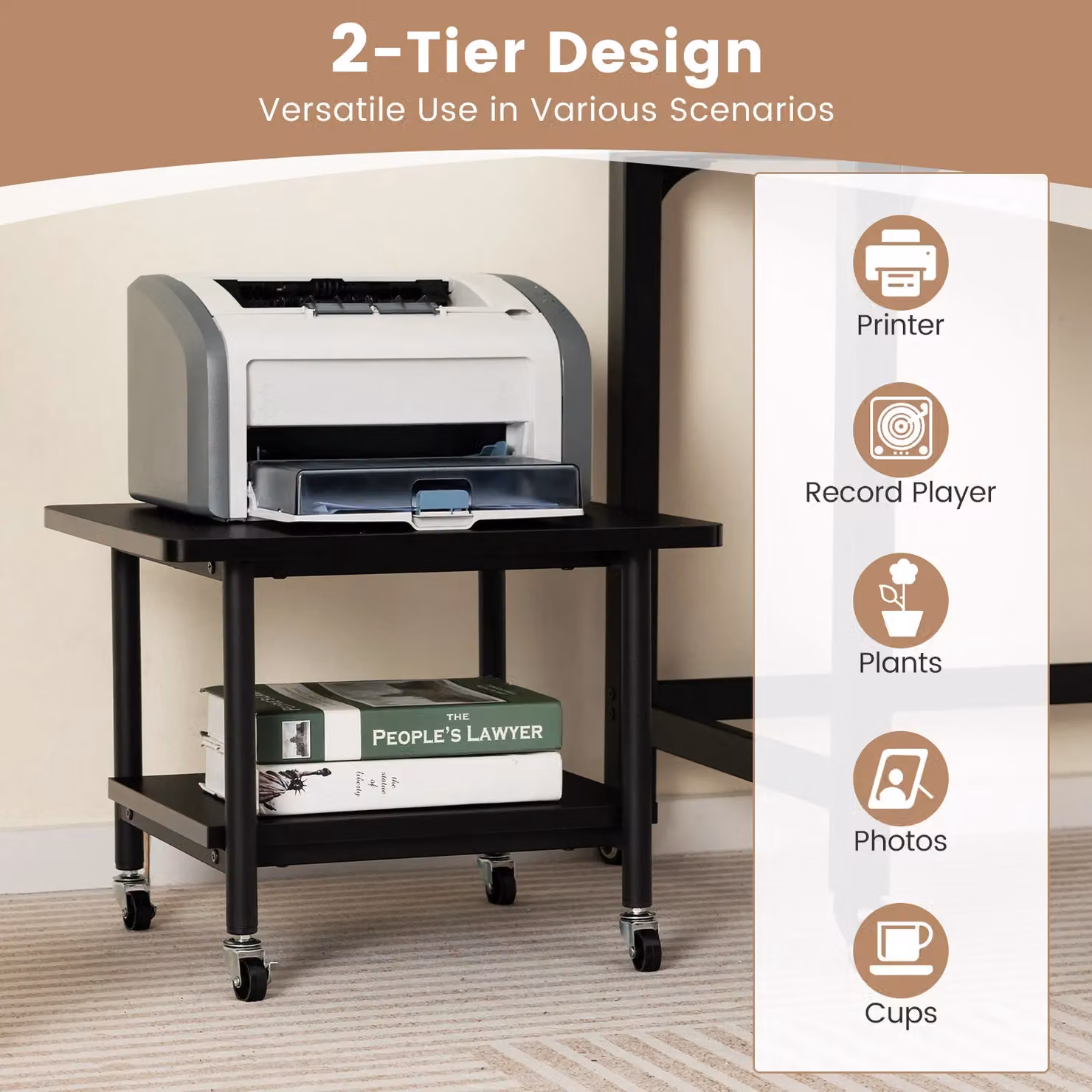 Costway Black Metal Under Desk Printer Stand with Castors – 5