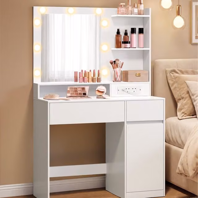 VASAGLE White Vanity Dressing Table with Large Mirror, Adjustable Shelves and 1 Drawer, W: 80 cm, D: 40 cm, H: 132 cm
