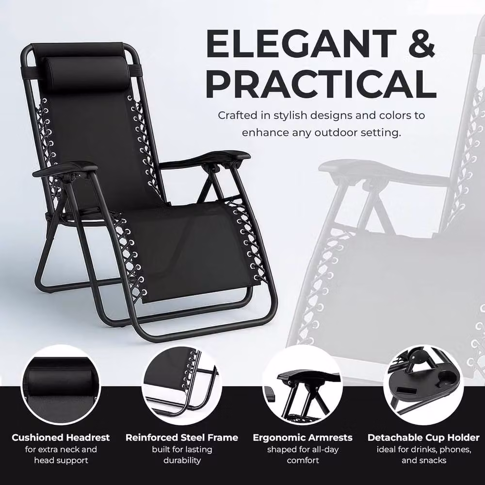 NESTLUNE Pair of Black Zero Gravity Chairs with Cup Holders and Adjustable Headrests – 4