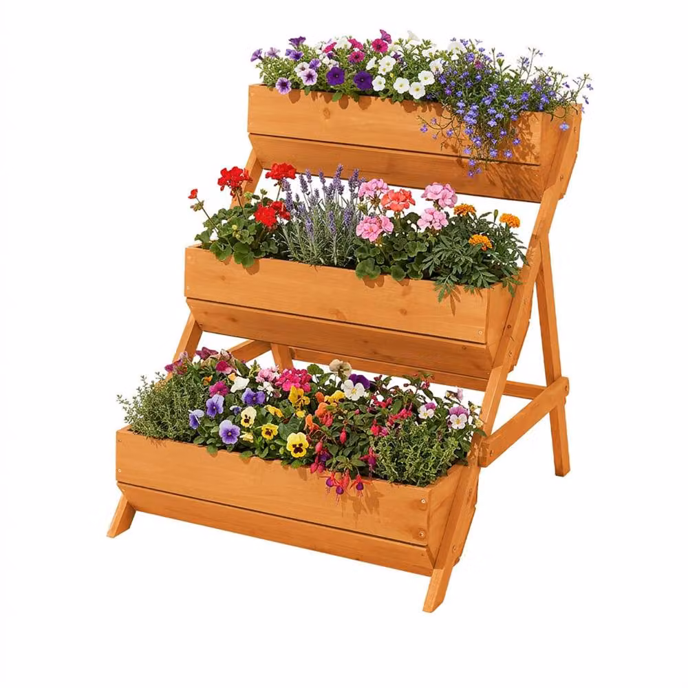 Living and Home 3-Tier Wooden Planter Box with Drainage Holes, Orange, W/D/H: 75.0 x 76.0 x 65.0 cm – 3