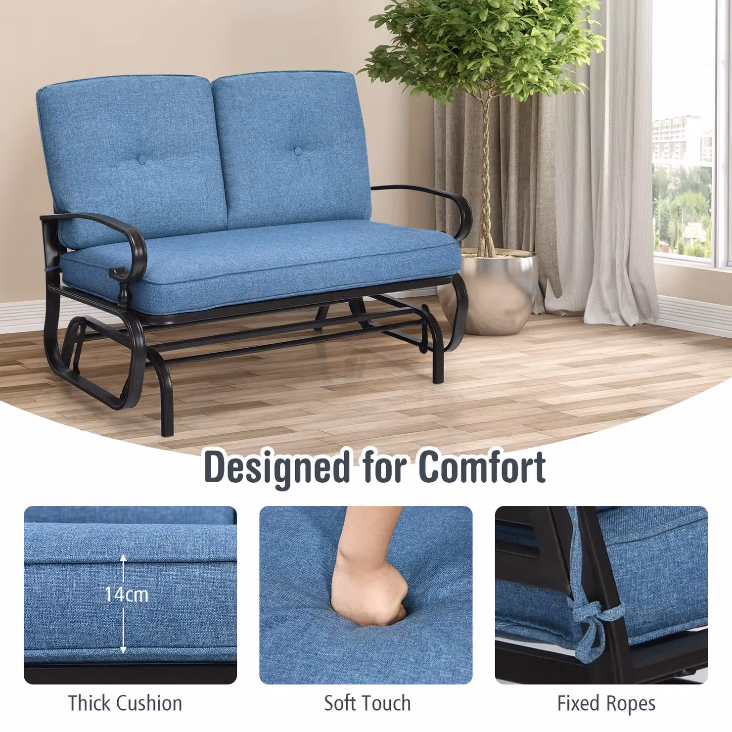 Gymax 2-Seater Outdoor Swing Glider Chair with Cushions in Blue – 3